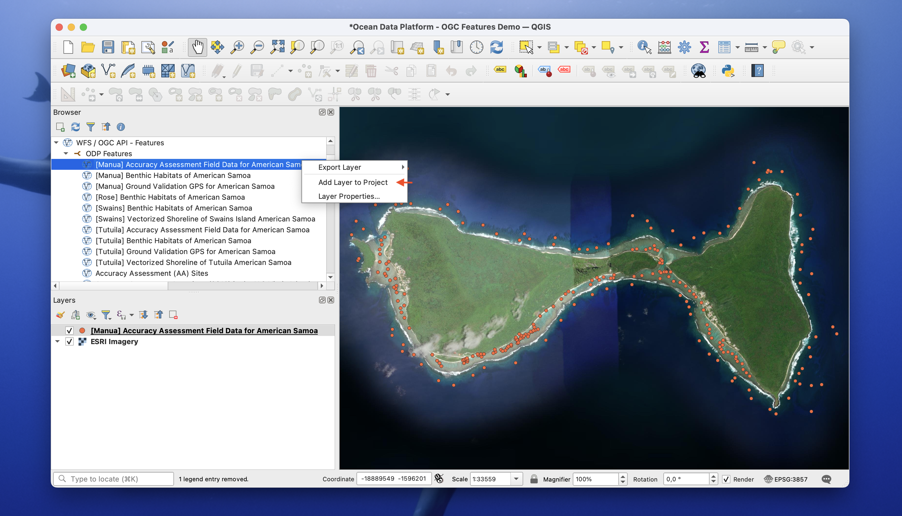 QGIS — ODP datasets loaded via OGC API Features