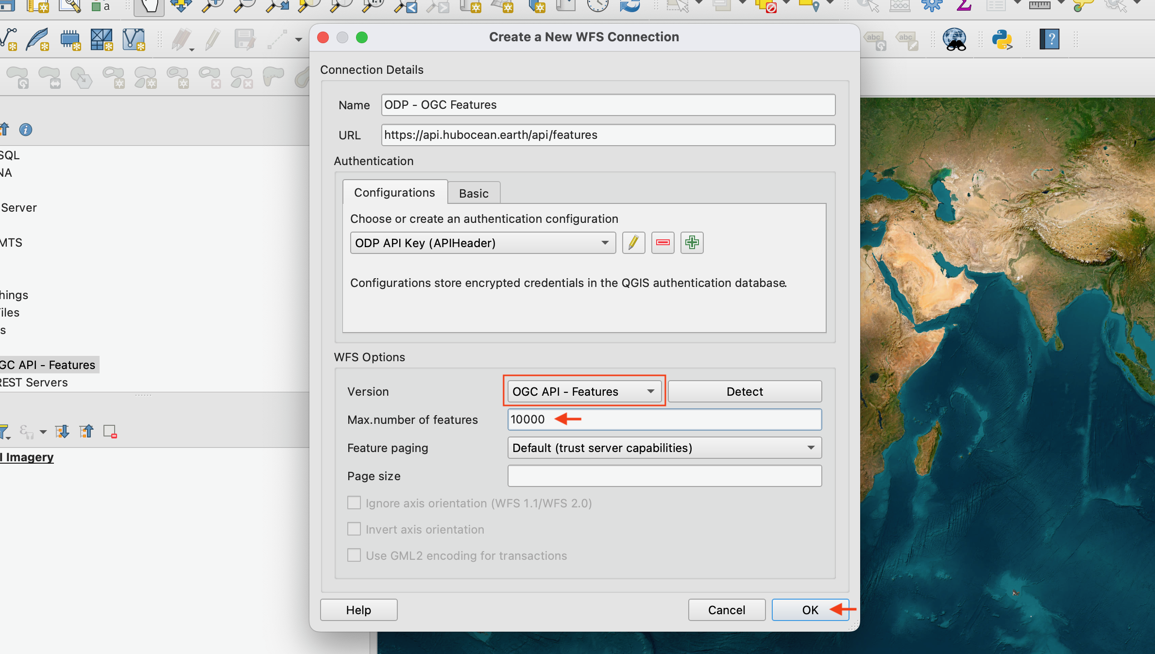 QGIS — Verify connection settings and set feature limit