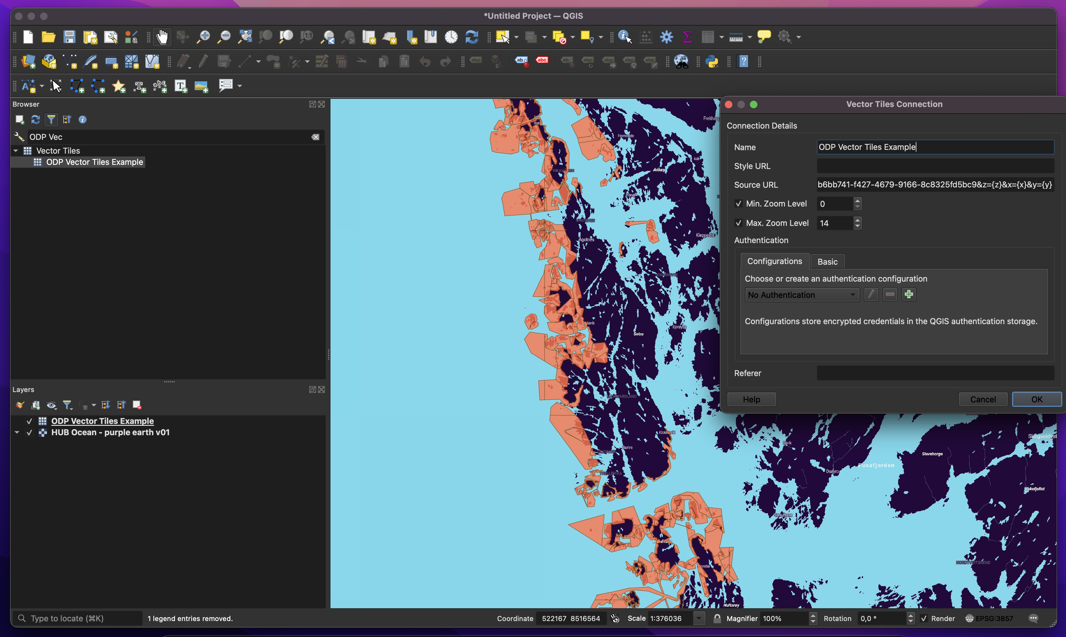 QGIS with an ODP vector tile layer loaded